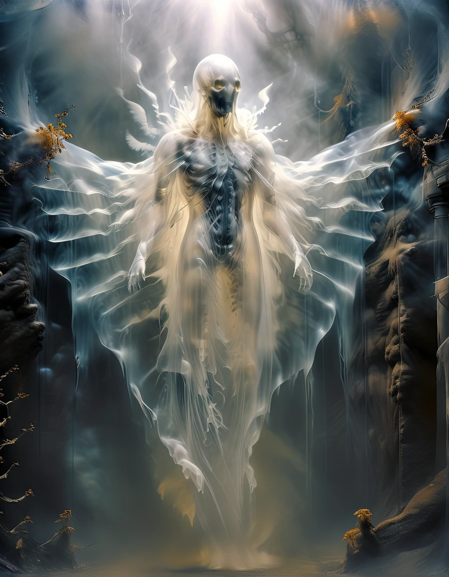 look up, Giant creatures/Giant creaturess, Giant creatures (Giant transparent alien creature), This creature is tall, Put on a hood, And a sturdy body covered with a lot of white and black mist, thick FOG, Biochemical Mutation Nucleus, weird, bioluminescent, Kistav Beksinski, Hejig, Webbed tentacles, Primary wings incomplete wings, Erratic, wrinkle, Microbiological, Phosphorescent, scaly, camouflage, Translucent resin wave style, bryce 3d, Mural style composition, Weathering Materials, luminescent,
background: A huge wall of ice from the Ice Age stands tall, Very detailed, Surreal, 3D Rendering, Complex mesh, light box, Made of feathers, new york bombing report, Interesting character design, Bokeh, dense FOG, FOG,
From below, upside down, Chiaroscuro, Ultra HD, masterpiece, Super Detail, High Detail, high quality, The award-winning, best quality, , 16K,