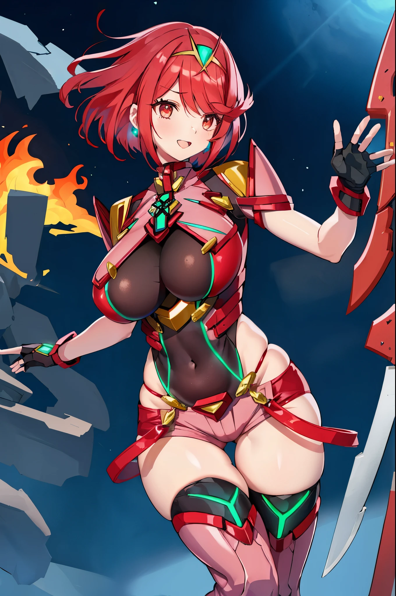 pyra \(xenoblade\), _1girl, armor, bangs, black gloves, breasts, red eyes, closed mouth, earrings, eyelashes, fingerless gloves, floating hair, framed breasts, gem, gloves, hair ornament, headpiece, jewelry, big_breasts, leaning back, leotard, neon trim, official art, pose, red hair, red shorts, saitou masatsugu, short hair, short shorts, short sleeves, shorts, sidelocks, skin tight, solo, standing, swept bangs, thighhighs, tiara, night_prairie_background, turtleneck, underbust, vambraces, xenoblade chronicles \(series\), (xenoblade chronicles 2), apart_legs, fire_effect,dynamic_pose_fighting,light_smile, (plump:1.1), big_ass,huge_sword, hold_large_sword_hilt, solo, covered_nipples, covered_pussy,open_mouth,