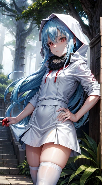(an adult tensei shitara slime anime character) Rimuru Tempest, with prominent and piercing eyes of a (((scarlet red))), which exude an aura of cold determination and a sharp intelligence, (hair is light heavenly blue), flowing and smooth, neutral mouth, cold gaze, reflecting an unshakable personality and an indomitable spirit, The white hood that covers the character's head adds a touch of mystery and nobility, complementing his enigmatic and powerful presence, complete character, ((( setting in the forest))), white skin, highly detailed scenery, (female student outfit), (checkered skirt)