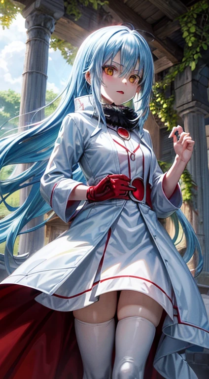 (an adult tensei shitara slime anime character) Rimuru Tempest, with prominent and piercing eyes of a (((scarlet red))), which exude an aura of cold determination and a sharp intelligence, (hair is light heavenly blue), flowing and smooth, neutral mouth, cold gaze, reflecting an unshakable personality and an indomitable spirit, The white hood that covers the character's head adds a touch of mystery and nobility, complementing his enigmatic and powerful presence, complete character, ((( setting in the forest))), white skin, highly detailed scenery, (female student outfit), (checkered skirt)