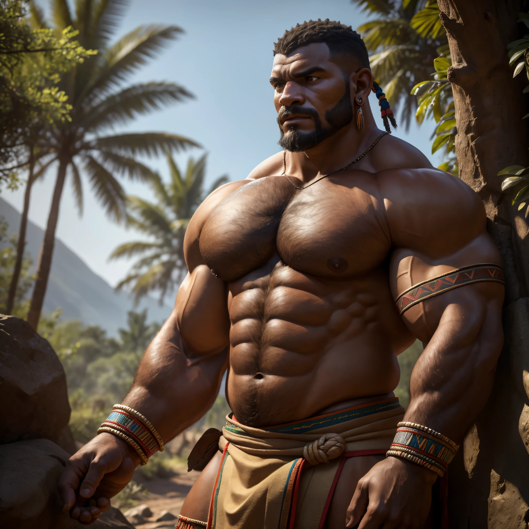 hyperrealistic, (masterpiece), high details, ultra-realistic, octan light, 32k, | high resolution, photo-realistic, ultra clear, bokeh, high detail iconic character, highly detailed character, unreal engine, 8k, | an exaggeratedly muscular and large bodyguard, beefy build, beard, dark-skinned african american male, buzzcut hair with square line, (worried expression: 1.2), (wearing tribal warrior attire: 1.2), (bara pecs: 1.3), (arm and chest hair: 1.1), portrait HD, dutch angle, (forest)