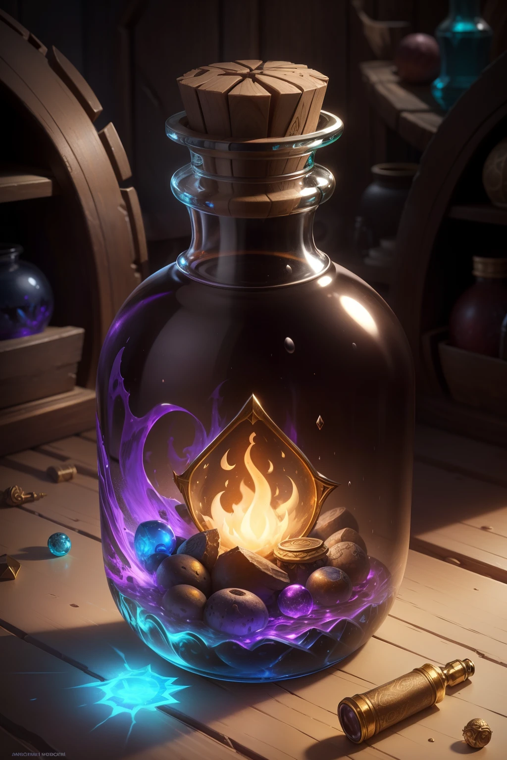 In the enchanting world of Hearthstone, concept art of a draw potion bottle emerges, masterfully crafted with a captivating composition. With intricate details and high definition 4K resolution, the potion bottle shines in the Blizzard game scene.

The potion bottle is stylized with vibrant colors, showcasing a rich, otherworldly palette. The glass bottle radiates an ethereal glow, subtly reflecting the surrounding magical elements. The stopper is intricately designed with swirling patterns and intricate engravings, creating a sense of depth and intrigue.

Above the bottle, a golden label adds an aura