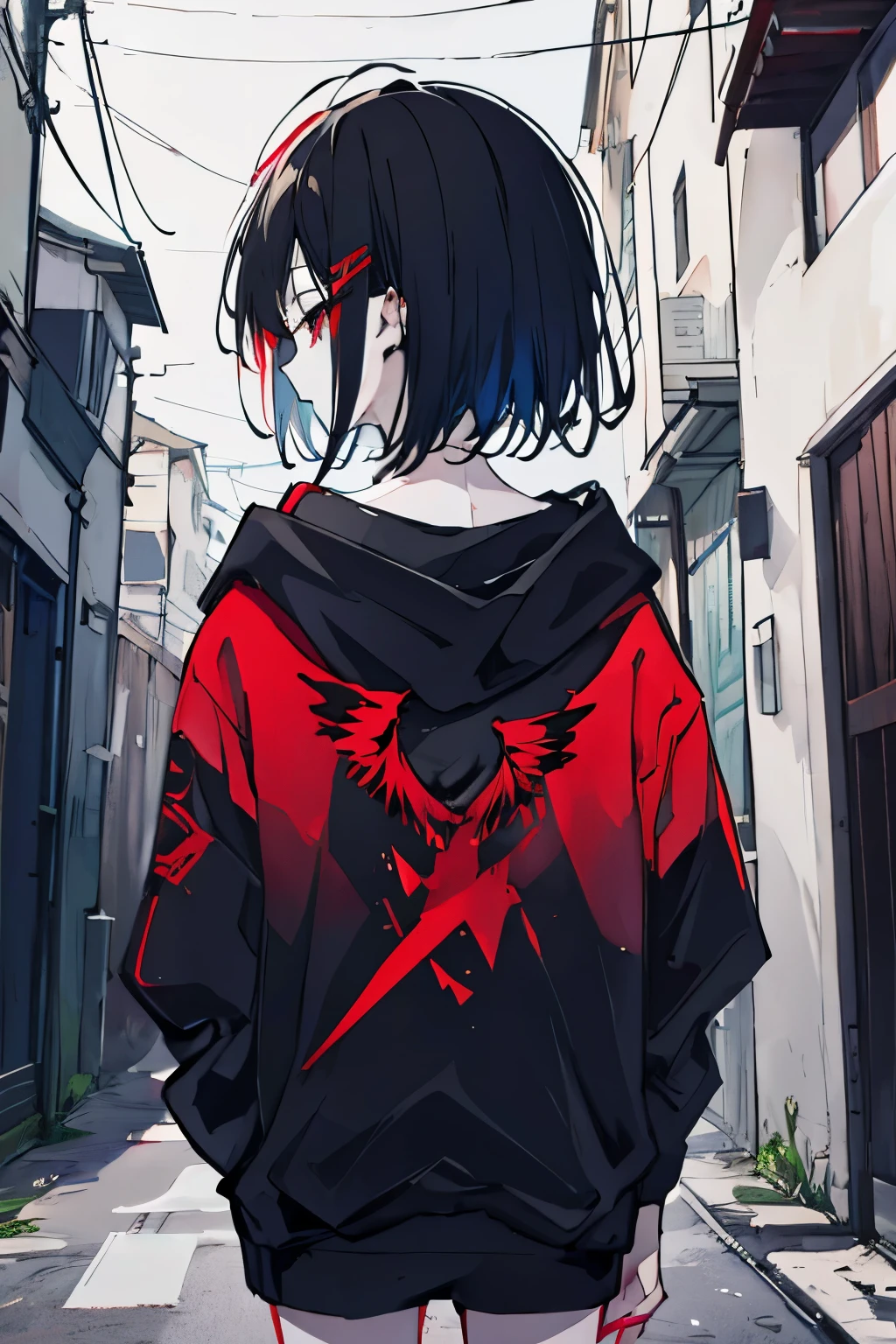 face fallen angel、Modern girl、nail((Red and Black)) Her hair color is black and red、Black hoodie、Standing in a back alley、