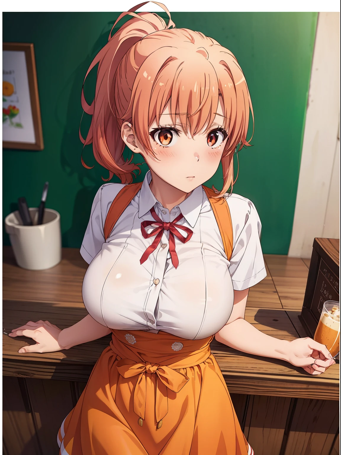 1girl in, 独奏, Yotsuba Nakano, orange color hair, Green bow tie, Hair ribbons, (barechested:1.2), (Green apron),, cleavage of the breast, thighs thighs thighs thighs, Cafe Background, Ecstatic smile, (red blush:1.1),White tights