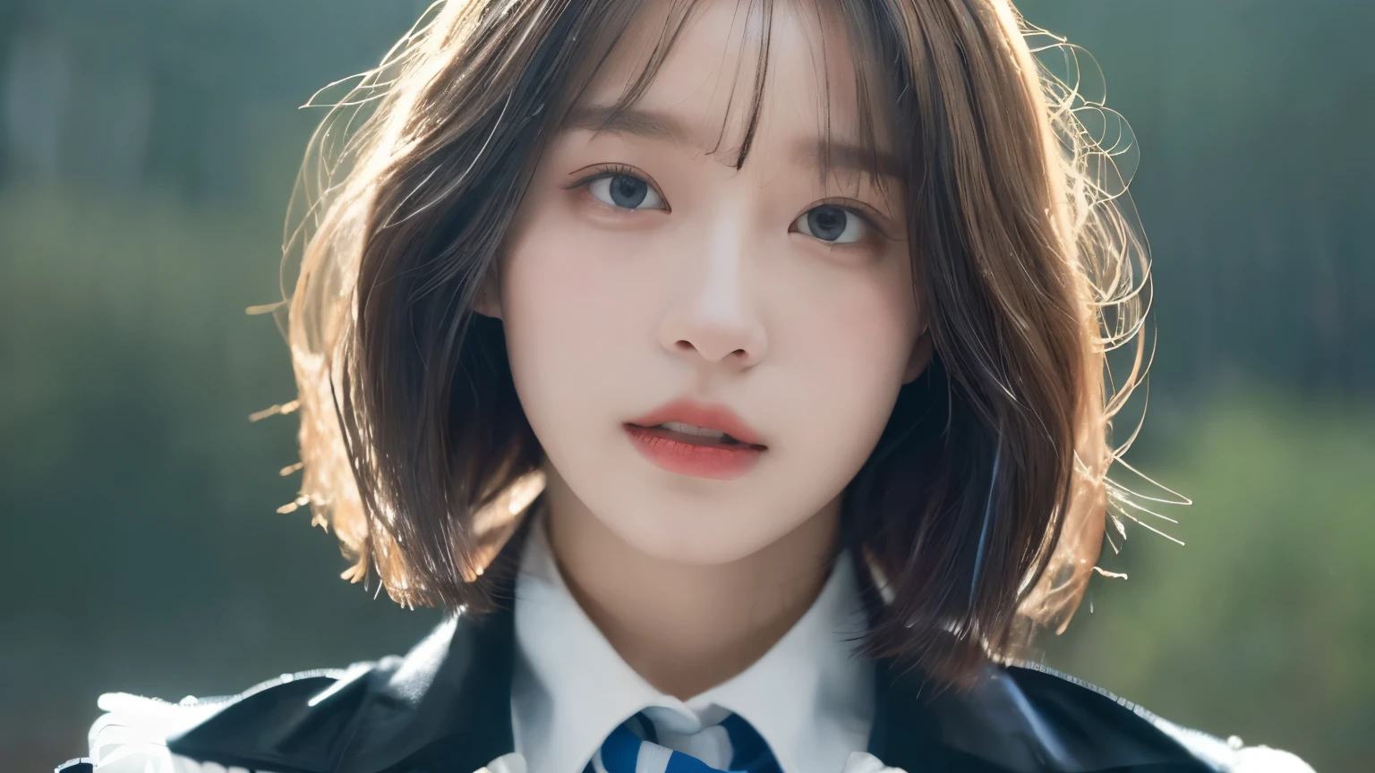 ((best quality, 8K, masterpiece:1.3)), Concentrate upon:1.2, perfect body beauty:1.4, ((layered haircut, )) , (rain, distance:1.3), JK uniform, Highly detailed face and skin textures, good eyes, double eyelid, Whitening skin, long hair, (shut up: 1.3),