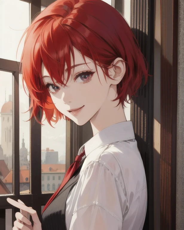 masterpiece、top-quality、超A high resolution、girl in suit、2D Beautiful Girl、soio、kindly smile、Red-haired、short-haired、Eyes are drawn in detail、The face is depicted in detail、Clothes are depicted in detail、animesque、illustratio