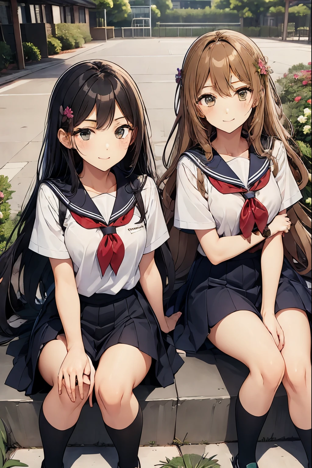 two high school girls、Crouching down in front of a flower bed、Watching the flowers、seductive smile、school playground、