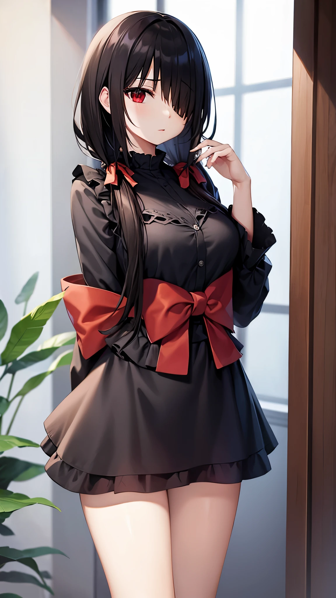 (((masterpiece))),(((best quality))),(((extremely detailed))),illustration,who, (masterpiece, top quality, best quality, official art, beautiful and aesthetic:1.2),(8k, best quality, masterpiece:1.2), tokisaki kurumi, black hair, low twintails, (hair over one eye:1.5), (red eyes:1.2), (small breast:1.2), bare shoulders, japanese clothes, kimono, yukata, red kimono,