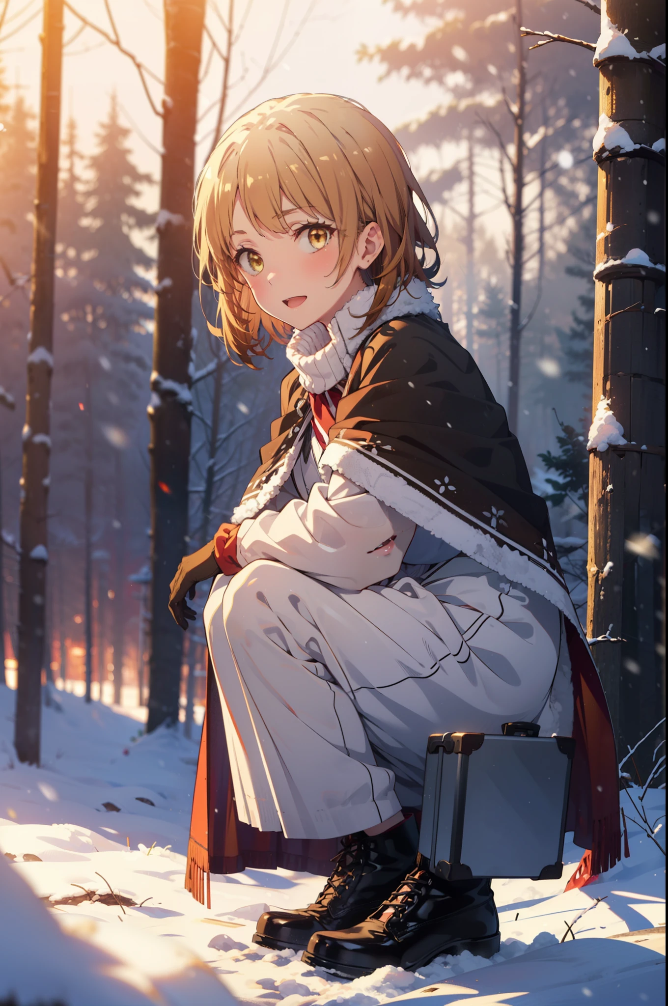 irohaisshiki, iroha isshiki, short hair, brown hair, (Brown eyes:1.5), smile,
Open your mouth,snow, fire, Outdoor, boots, snowing, From the side, wood, suitcase, Cape, Blurred, Food up, forest, gloves, nature, Brown eyes, red gloves, Squat, Mouth closed, フードed Cape, winter, Written boundary depth, Black shoes, red Cape break looking at viewer, Upper Body, whole body, break Outdoor, forest, nature, break (masterpiece:1.2), highest quality, High resolution, unity 8k wallpaper, (shape:0.8), (Fine and beautiful eyes:1.6), Highly detailed face, Perfect lighting, Highly detailed CG, (Perfect hands, Perfect Anatomy),
