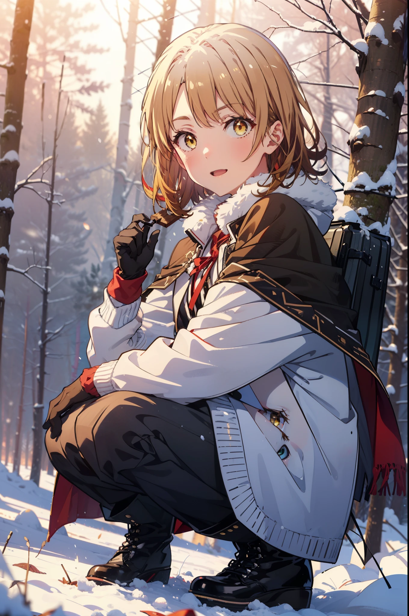 irohaisshiki, iroha isshiki, short hair, brown hair, (Brown eyes:1.5), smile,
Open your mouth,snow, fire, Outdoor, boots, snowing, From the side, wood, suitcase, Cape, Blurred, Food up, forest, gloves, nature, Brown eyes, red gloves, Squat, Mouth closed, フードed Cape, winter, Written boundary depth, Black shoes, red Cape break looking at viewer, Upper Body, whole body, break Outdoor, forest, nature, break (masterpiece:1.2), highest quality, High resolution, unity 8k wallpaper, (shape:0.8), (Fine and beautiful eyes:1.6), Highly detailed face, Perfect lighting, Highly detailed CG, (Perfect hands, Perfect ???????),
