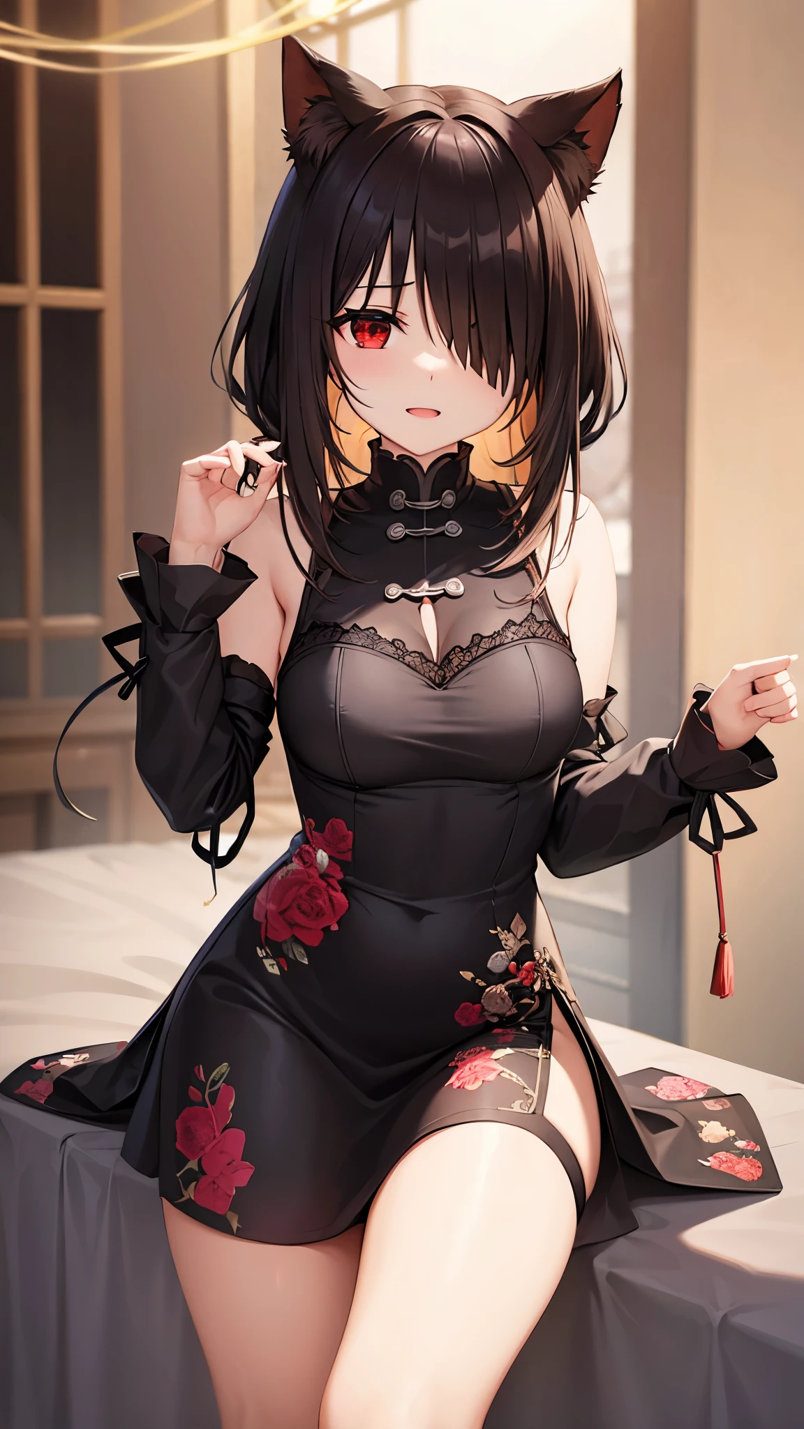 (((masterpiece))),(((best quality))),(((extremely detailed))),illustration,who, (masterpiece, top quality, best quality, official art, beautiful and aesthetic:1.2),(8k, best quality, masterpiece:1.2), tokisaki kurumi, black hair, low twintails, (hair over one eye:1.5), (red eyes:1.2), (small breast:1.2), bare shoulders, thighs, detached sleeves, hair bun, double bun, chinese clothes, china dress, upload to tiktok