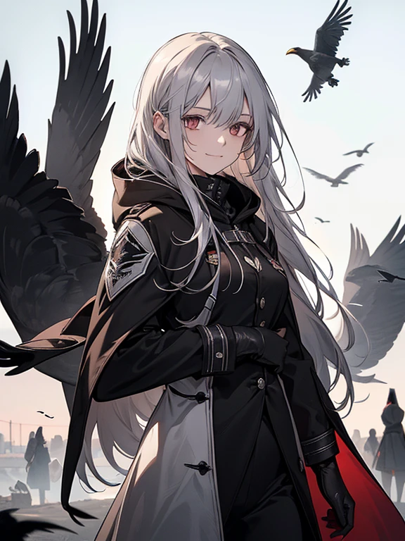 (Confused, High resolution, Very detailed), 1 female, Silver Hair,Long Hair,crow,Crows flying behind,Carried on shoulder,reddish brown eyes,Black hooded pilot coat,Black and white suit,20th generation,Beautiful woman,A shy smile,thin,Are thin,quiet,Calm,Carrying a white crow,Accompanied by many white crows,