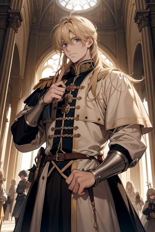 1 homem, COMO-Adulto, Messy Blonde Hair and Bangs, Principe, Roupas brancas, bonito, desapaixonado, O lindo, Condescendente, emagrecimento, em um castelo, fantasia medieval