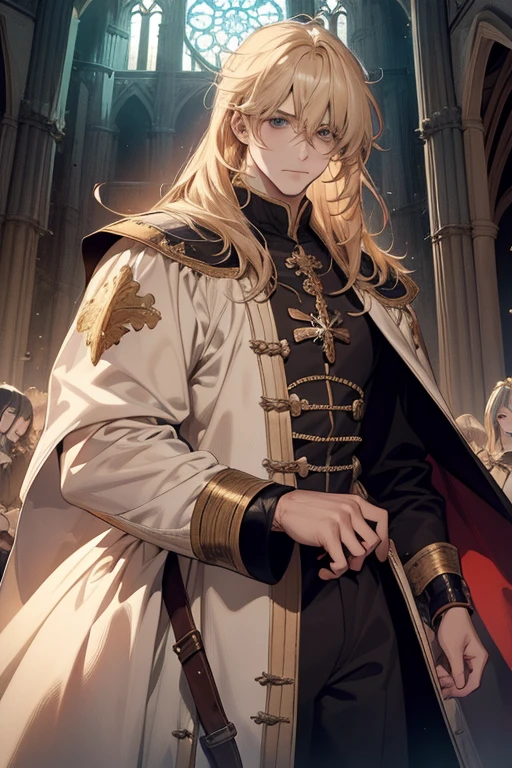 1 homem, COMO-Adulto, Messy Blonde Hair and Bangs, Principe, Roupas brancas, bonito, desapaixonado, O lindo, Condescendente, emagrecimento, em um castelo, fantasia medieval
