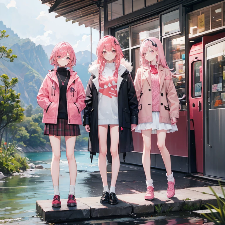 Coral pink hair,Long hair,hair over one eye,Gray eyes,feather hair ornament,cute,Girl,laughing expression,Sweater coat,Plaid skirt,Wear shoes on your feet,Standing by the river,Side body,Don't show your arms,The background is a tropical rainforest