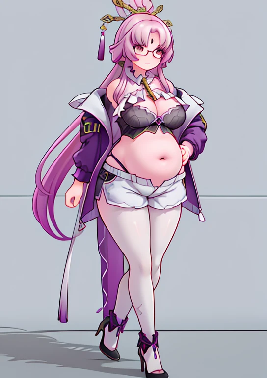 (masterpiece, best quality, highly detailed), 1girls, big belly, huge belly, art by kipteitei, round belly, chubby, curvy, belly grab, enormous belly, fat belly, thicc, bigger belly, really big belly, jiggly belly, glasses, unzipped jacket, (no shirt), bra, thight shorts, high heels, smug face ((full body)), long hair