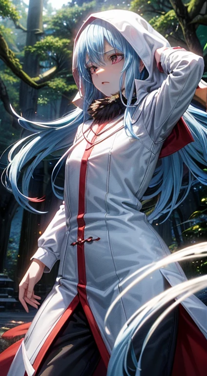 an adult tensei shitara slime anime character) Rimuru Tempest, with prominent and piercing eyes of a (((scarlet red))), which exude an aura of cold determination and a sharp intelligence, (hair is light heavenly blue), flowing and smooth, neutral mouth, cold gaze, reflecting an unshakable personality and an indomitable spirit, The white hood that covers the character's head adds a touch of mystery and nobility, complementing his enigmatic and powerful presence, complete character, ((( setting in the forest))), white skin, highly detailed scenery, (female student outfit)
