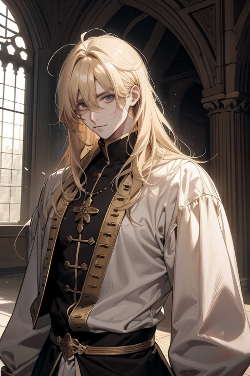 1 homem, COMO-Adulto, Messy Blonde Hair and Bangs, Principe, Roupas brancas, bonito, desapaixonado, O lindo, Condescendente, emagrecimento, em um castelo, fantasia medieval