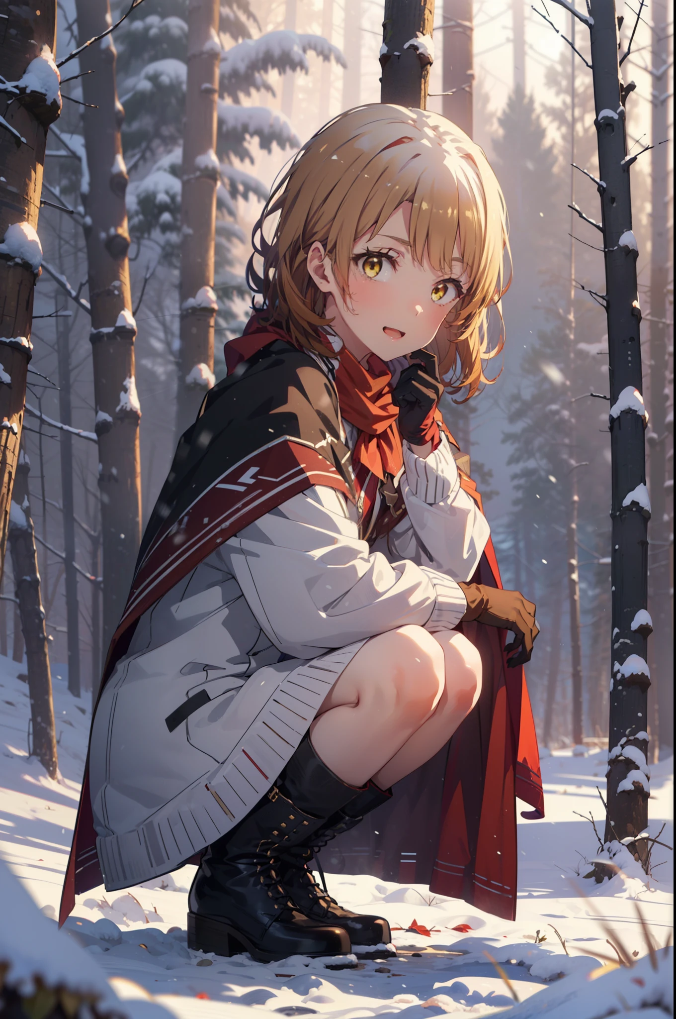 irohaisshiki, iroha isshiki, short hair, brown hair, (Brown eyes:1.5), smile,
Open your mouth,snow, fire, Outdoor, boots, snowing, From the side, wood, suitcase, Cape, Blurred, Food up, forest, gloves, nature, Brown eyes, red gloves, Squat, Mouth closed, フードed Cape, winter, Written boundary depth, Black shoes, red Cape break looking at viewer, Upper Body, whole body, break Outdoor, forest, nature, break (masterpiece:1.2), highest quality, High resolution, unity 8k wallpaper, (shape:0.8), (Fine and beautiful eyes:1.6), Highly detailed face, Perfect lighting, Highly detailed CG, (Perfect hands, Perfect Anatomy),