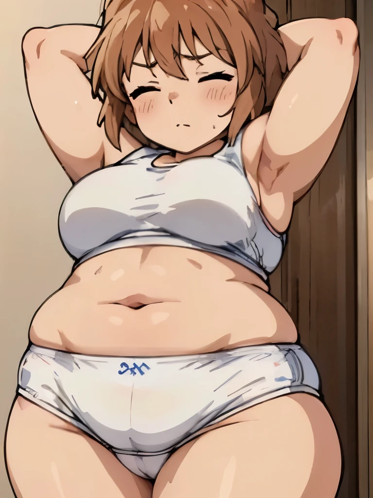 A girl wearing a white sports bra and a white diaper, big booty, curvy highlighted booty, Light Brown Hair,Blue Eyes,Muscular!!,short hair,Small breasts,Blushed,Troubled expression,steam,Sweat,Leapfrogging,slouch,take a bow,She wears a plastic diaper!!,Angle view from directly above,face up,Close-up of your face,Eyes closed,Chubby,Arms thrust out in front