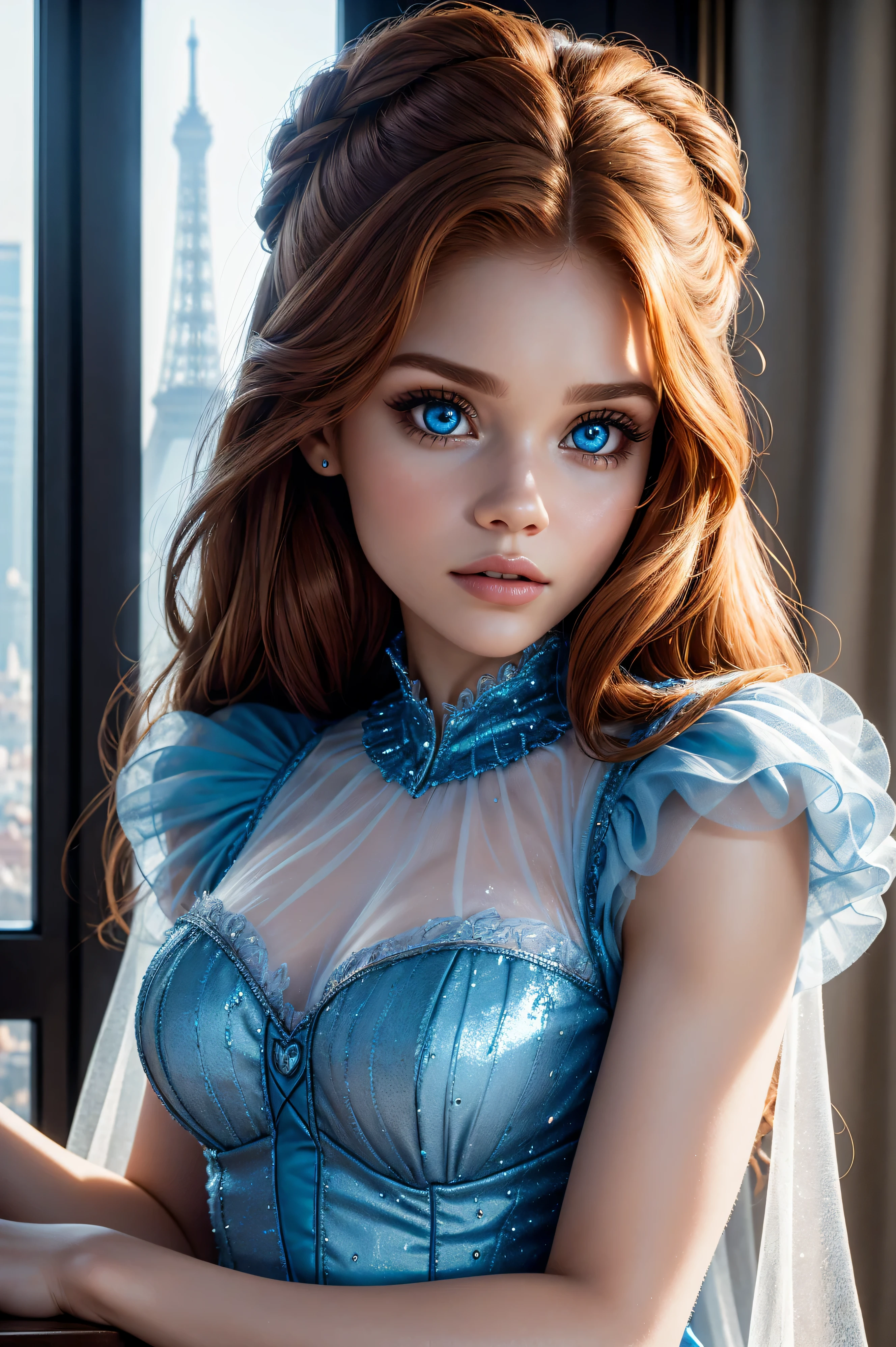 Holland Roden, wearing Cinderella costume transparent. professionally retouched, soft lighting, realistic, smooth face, perfect eyes, sharp focus on eyes, 8 k, high definition, insanely detailed, intricate, elegant. be in front of the Eiffel Tower.
