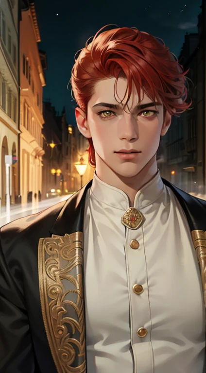 undercucho Close Portrait of Elegant Person [undercucho] in bespoke MAN suit: tall muscular man, classic style, intricate detial baroque, elegant, bright lights, highly detailed, digital painting, artstation, concept art, soft and sharp focus, portrait , illustration, art by wlop, mars ravelo and greg rutkowski (High detail skin: 1.2), 8k uhd, DSLR, soft lighting, high quality, film grain, Fujifilm XT3 mix4, male model, (((1 MAN))) suit, seductive, Florence, Italy background, (((/LOOKING AT THE VIEWER/))) ((((SHORT RED HAIR))) (((LONG BANGS))) (((YELLOW EYES))) (((DELIGHTED LOOK))), SMILE, MYSTERIOUS AURA, night, bokeh, depth of field, (upper body: 1.0), best quality, intricate details, detailed eyes, masterpiece, film grain, 1900s, kodakchrome, flashlight, strange smoke around him, MASTERPIECE