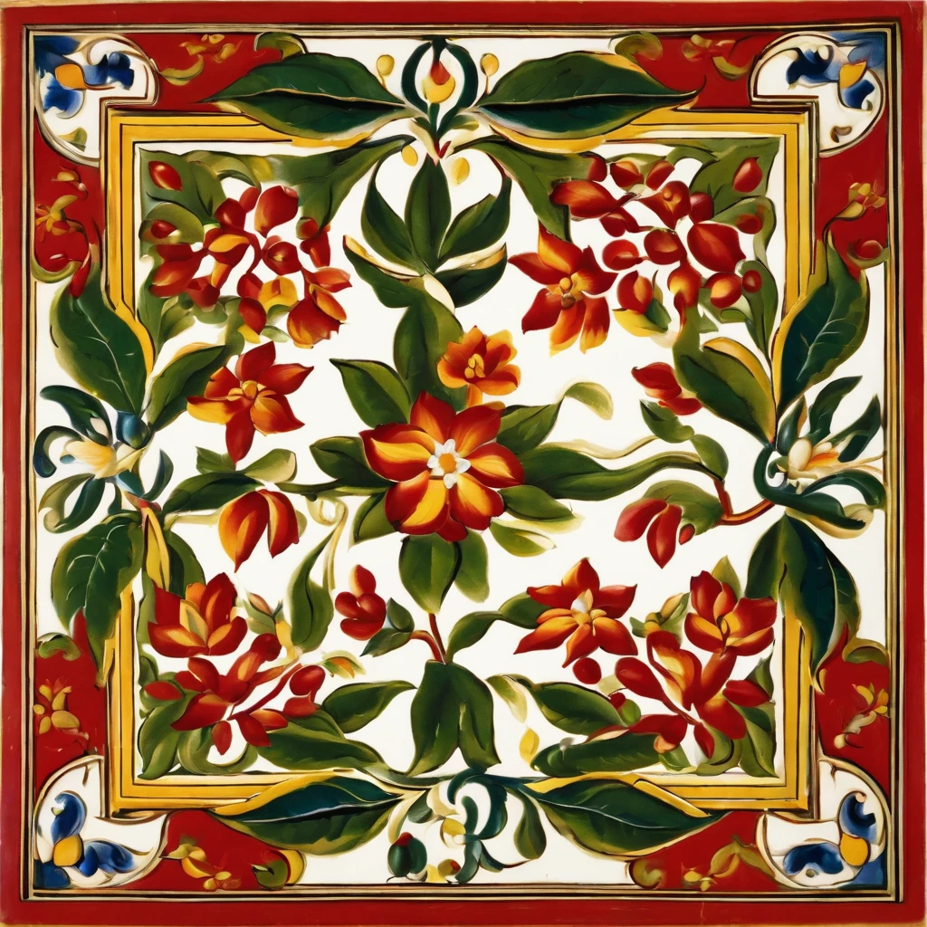 Colombia 1900, complete square design (without margins, without perspective) of an old cement tile, painted with motifs from the Colombian coffee culture (flowers, red coffee fruits, branches, leaves), in traditional colors (yellow, red, green, white, blue), used in the floors of typical buildings in Antioquia, Colombia. images with perspective