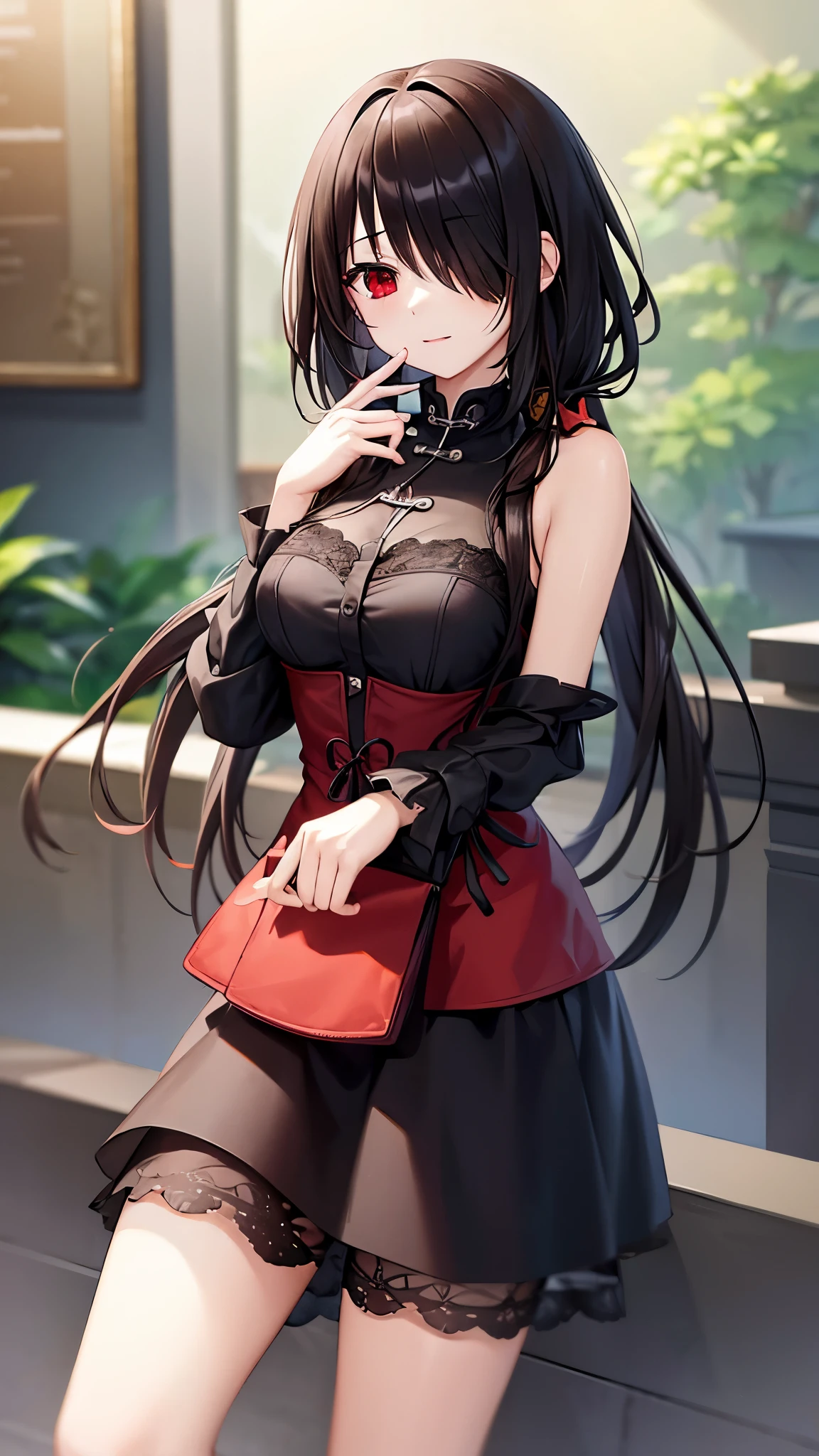 (((masterpiece))),(((best quality))),(((extremely detailed))),illustration,who, (masterpiece, top quality, best quality, official art, beautiful and aesthetic:1.2),(8k, best quality, masterpiece:1.2), tokisaki kurumi, black hair, low twintails, (hair over one eye:1.5), (red eyes:1.2), (small breast:1.2), bare shoulders, thighs, detached sleeves, hair bun, double bun, chinese clothes, china dress, upload to tiktok