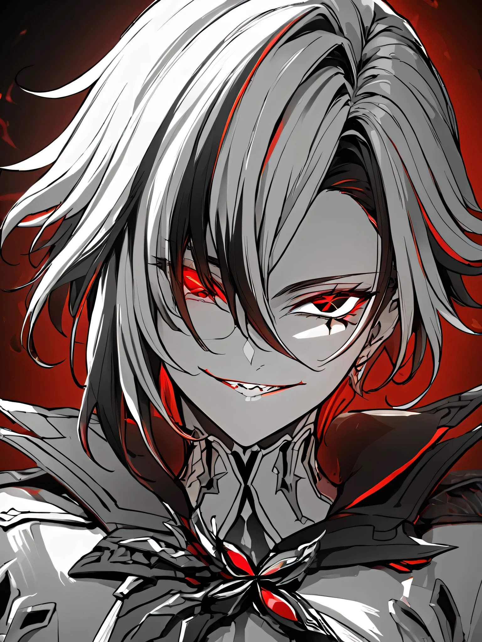 score_9,
evil grin, arlecchino \(genshin impact\), looking at viewer, close up, black background, red aura, glowing eyes,
monochrome, spot color,
source_anime,
high resolution, Masterpiece