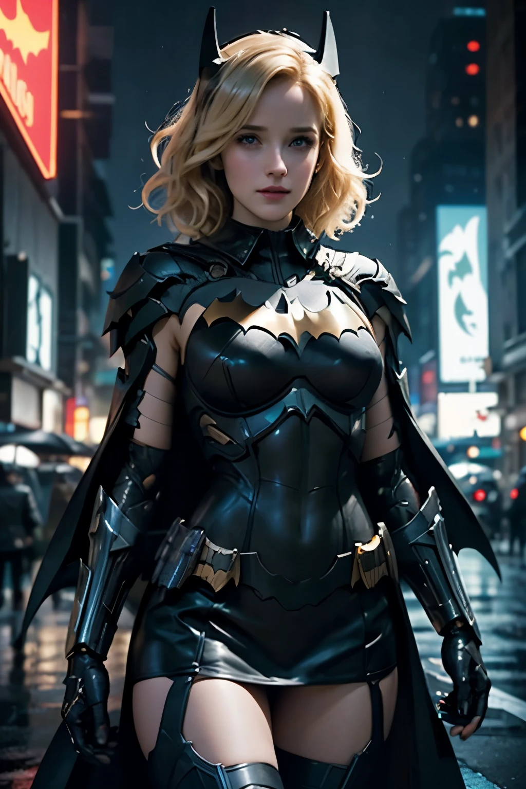 Rachel Brosnahan,blonde hair,wear a dress ((She's wearing a Batman costume.)) Hi-tech equipment, cyberpunk,she wears a collar,((cybernetic body)),In the future world,amazing night,sci fi,city at night, realistic skin, incredible light, ultra realistic,complicated, Sharp focus, Ray Tracing, rtx, Professional photography, Masterpiece, very detailed, High quality, best quality, big breasts,She breast size is M cup, full body, she very sexy, she have perfect body, she so beautifully,She have good eyes,She is full of charm,close up,Heavy rain