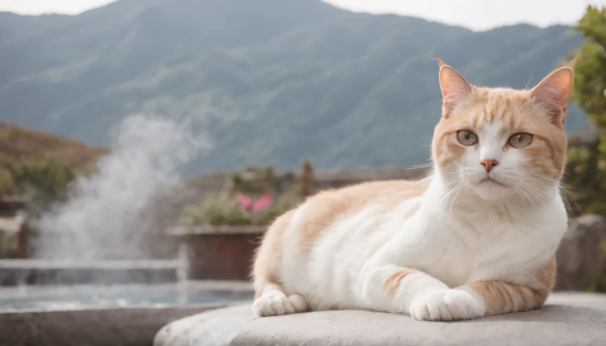 Visualize a scene where a relaxed cat is lounging near the steamy hot springs of Beppu, one of Japan’s most famous hot spring resorts. The backdrop should capture the steam rising from the unique 'hells' (hot springs) of Beppu, with traditional Japanese onsen architecture in the surroundings. The cat, serene and content, embodies the calm and healing atmosphere of the area."