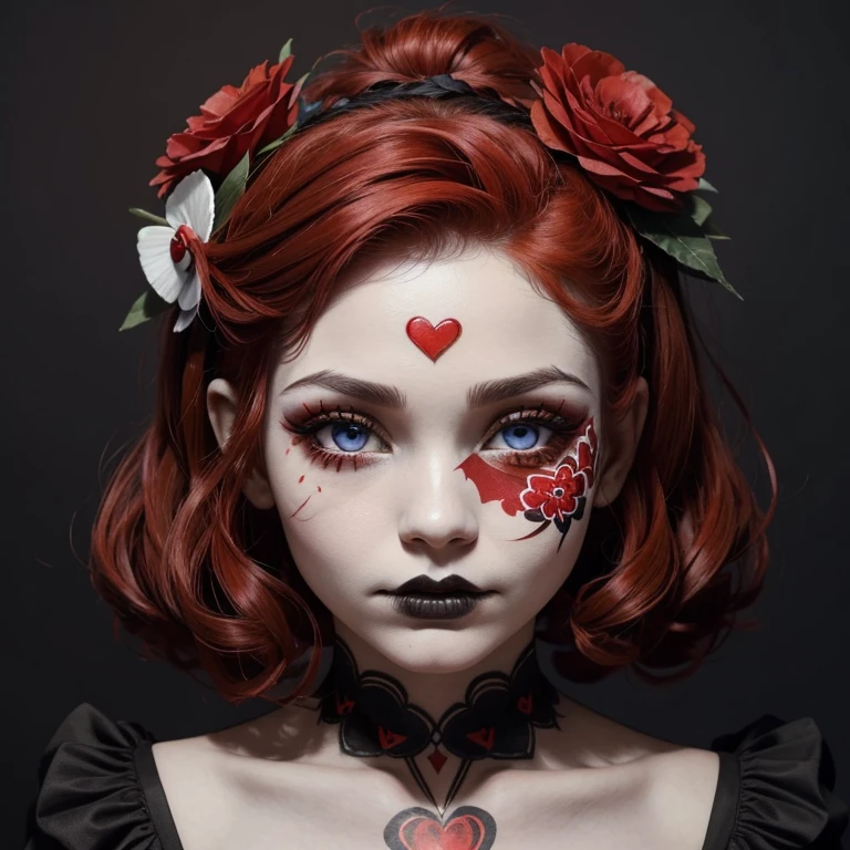 a woman with a red flower in her hair, by reyna rochin, tumblr, skull face paint, beautifull lovely eyes, trick or treat, eyes. dark colors, cute bandaid on nose!!, white  face, red hair, great pinterest photo, description, big head, couster, heard on her head, short afro hair, red heart, cards