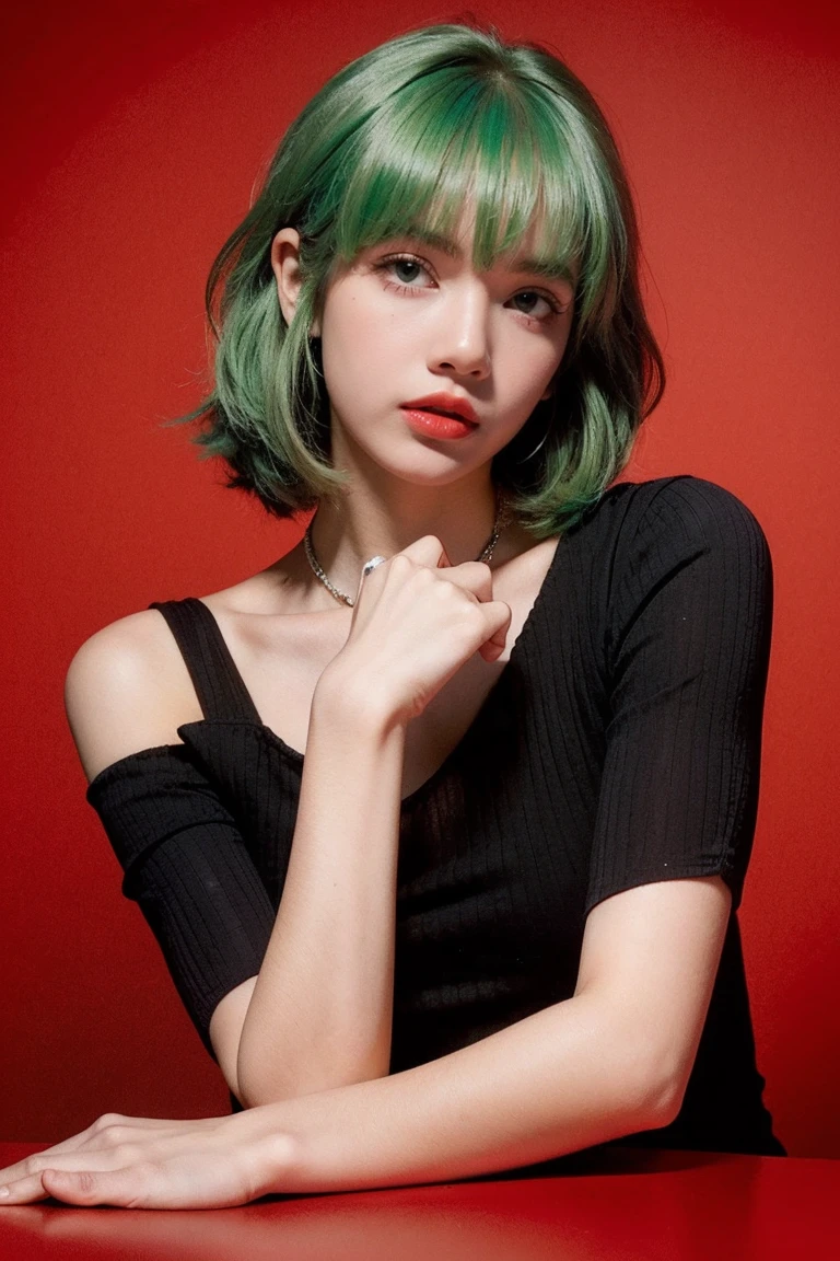 21yo girl, green hair, red background,