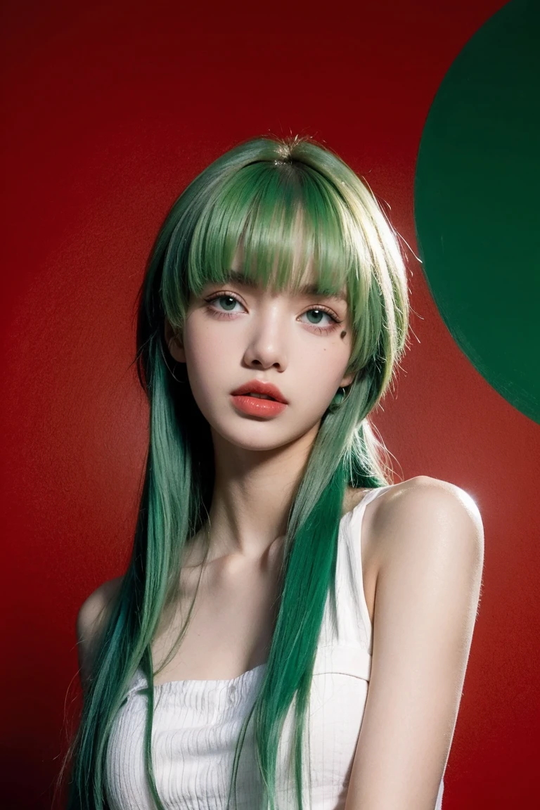 21yo girl, green hair, red background,