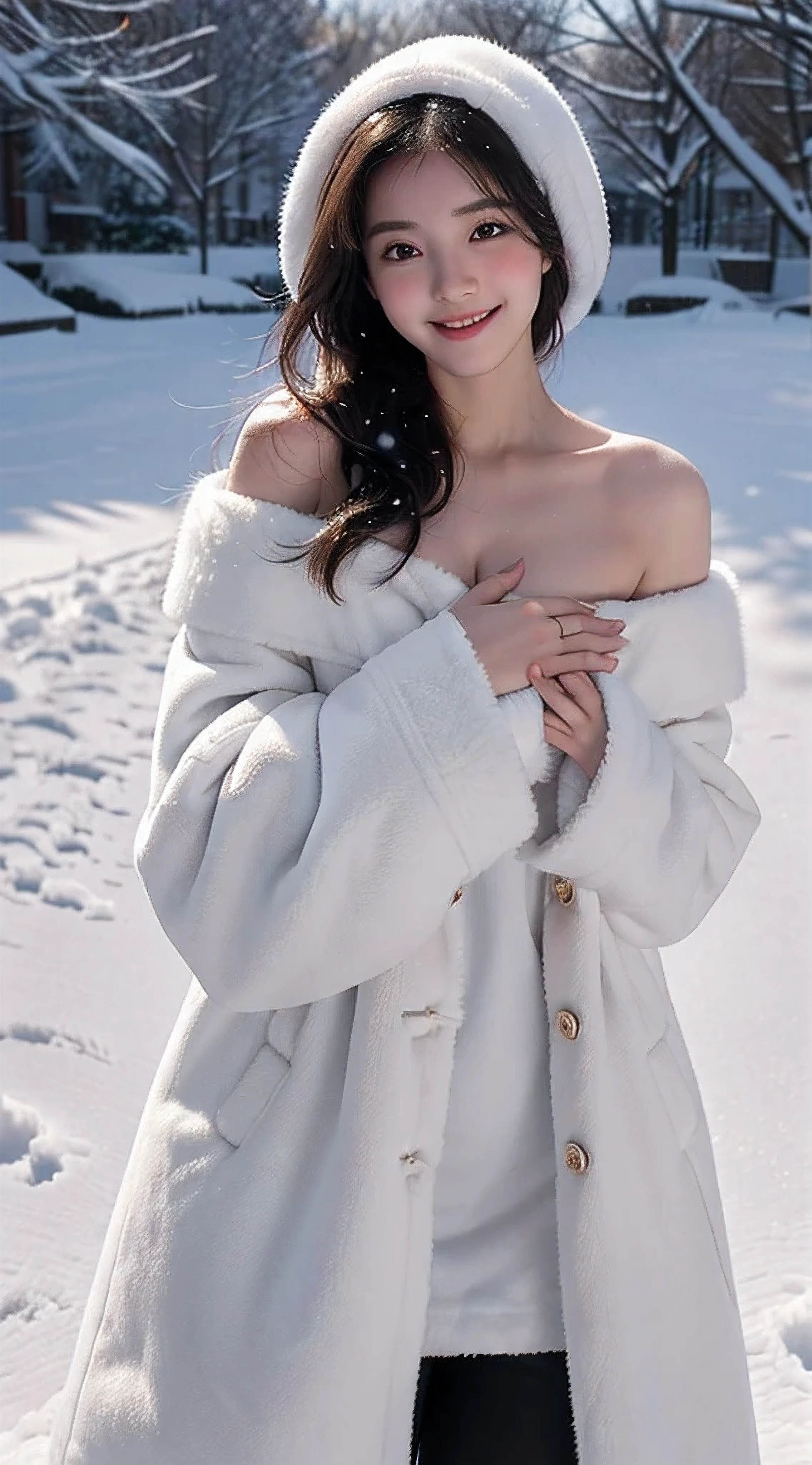 The girl covered her chest with both hands, Strategically cover your chest,Medium Boob,Cover your chest with your fingers,Bare shoulders,Outside,Heavy snowfall,Thick fur cape,Cover with snow、Simple costumes、feater、Coat with fur、fur-coat、barechested、Pubic hair shows through、a smile, lie at snow