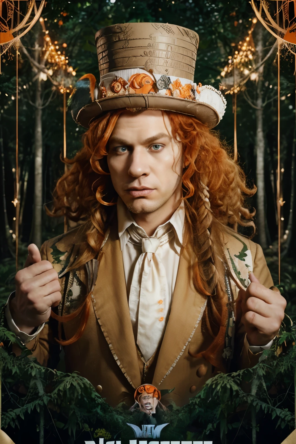 ((poster)), ((realistic)) ((big top hat)) ((orange curly hair)), (male), ((whitest person on earth)), (in a suit), crazy man from alice from the wonderland, ((in a crazy forest)) ((CRAZY man)), crazy tophatman, ((makeup)), ((fortnite))