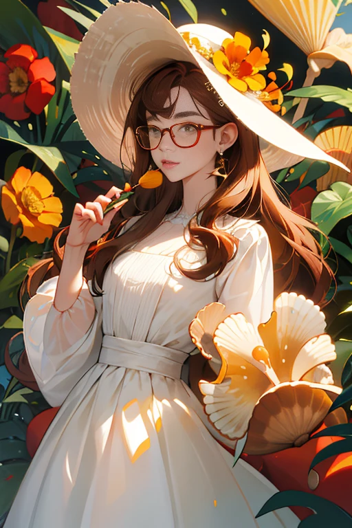 absurderes, hight resolution, ultra-detailliert, 1girl in, solo, extremely detailed eye, white wedding dress, seashells, shells, florals, , hair adornments, jewely, looking at the viewers, Lunette de soleil, hat flower,  hair clips, earrings, Red flowers, tinted eyewear, Yellow flowers, bangss, english text, O cabelo multicolorido, orange flower, A dark-haired, the ring, cups, length hair, Orange Eyewear, foods, brown haired, portraitures, Shell Hair Ornament、
