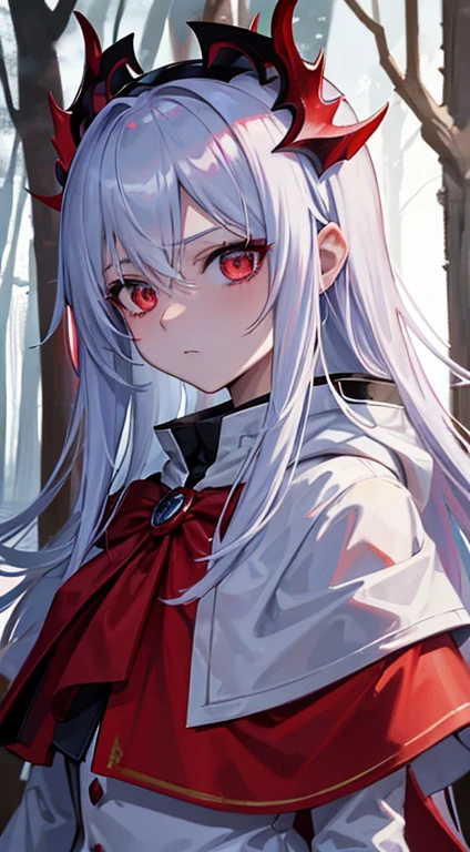 an adult tensei shitara slime anime character) Rimuru Tempest, with prominent and piercing eyes of a (((scarlet red))), which exude an aura of cold determination and a sharp intelligence, (hair is light heavenly blue), flowing and smooth, neutral mouth, cold gaze, reflecting an unshakable personality and an indomitable spirit, The white hood that covers the character's head adds a touch of mystery and nobility, complementing his enigmatic and powerful presence, complete character, ((( setting in the forest))), white skin, highly detailed scenery, (female student outfit),pink skirt