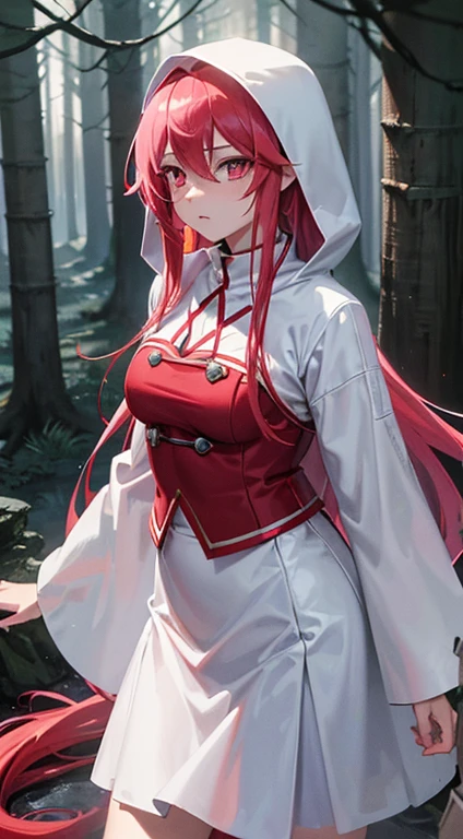 an adult tensei shitara slime anime character) Rimuru Tempest, with prominent and piercing eyes of a (((scarlet red))), which exude an aura of cold determination and a sharp intelligence, (hair is light heavenly blue), flowing and smooth, neutral mouth, cold gaze, reflecting an unshakable personality and an indomitable spirit, The white hood that covers the character's head adds a touch of mystery and nobility, complementing his enigmatic and powerful presence, complete character, ((( setting in the forest))), white skin, highly detailed scenery, (female student outfit),pink skirt