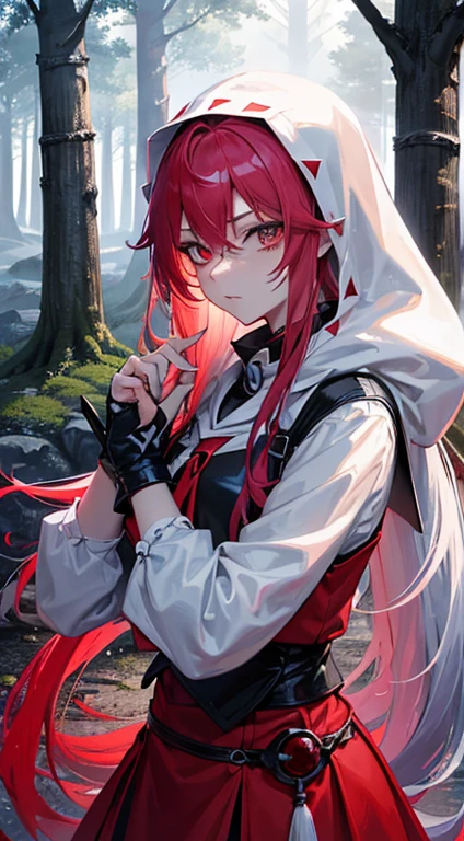 an adult tensei shitara slime anime character) Rimuru Tempest, with prominent and piercing eyes of a (((scarlet red))), which exude an aura of cold determination and a sharp intelligence, (hair is light heavenly blue), flowing and smooth, neutral mouth, cold gaze, reflecting an unshakable personality and an indomitable spirit, The white hood that covers the character's head adds a touch of mystery and nobility, complementing his enigmatic and powerful presence, complete character, ((( setting in the forest))), white skin, highly detailed scenery, (female student outfit),pink skirt