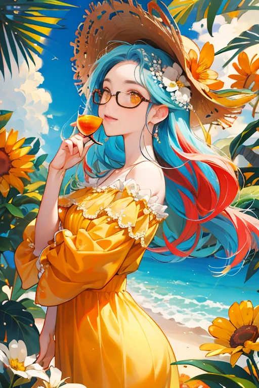 absurdo, high resolution, ultra-detalhado, 1 garota em, only, olho extremamente detalhado, vestido de noiva branco, seacartuchos, cartuchos, florais, , adornos de cabelo, joia, olhando para os espectadores, Oculos de sol, hat flower, grampos de cabelo, brincos, flores vermelhas, colored glasses, Flores amarelas, franja, Text in english, O cabelo multicolorido, flor de laranjeira, Um moreno, o anel, cups, cabelo comprido, orange glasses, alimentos, cabelos castanhos, retratos, enfeite de cabelo de concha、