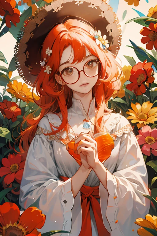 absurdo, high resolution, ultra-detalhado, 1 garota em, only, olho extremamente detalhado, vestido de noiva branco, seacartuchos, cartuchos, florais, , adornos de cabelo, joia, olhando para os espectadores, Oculos de sol, hat flower,  grampos de cabelo, brincos, flores vermelhas, colored glasses, Flores amarelas, franja, Text in english, O cabelo multicolorido, flor de laranjeira, Um moreno, o anel, cups, cabelo comprido, orange glasses, alimentos, cabelos castanhos, retratos, enfeite de cabelo de concha、
