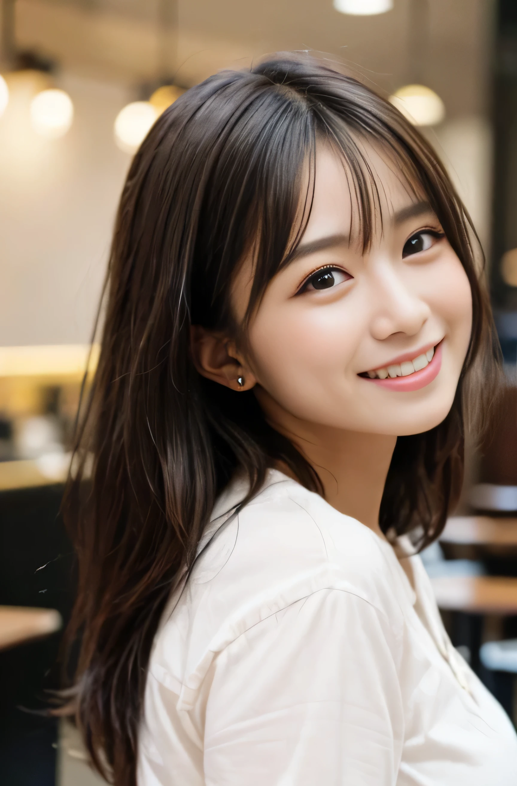 ((highest quality、Masterpiece、High resolution))、(((Zoom photo of upper body)))、(A shy smile:1.2)、One woman、Big Breasts、sweater、Black Hair、Trimmed bangs、Straight Hair