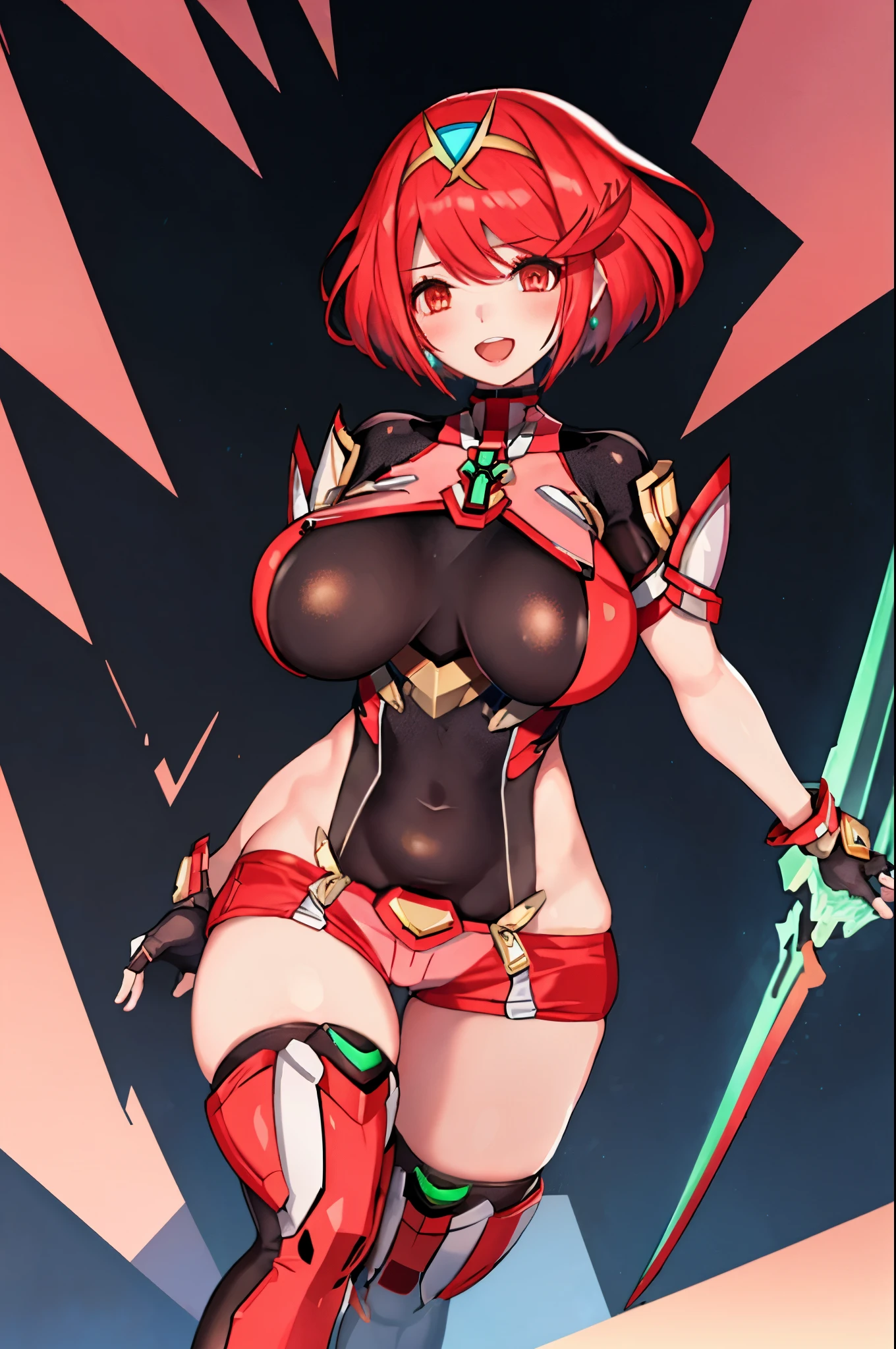 pyra \(xenoblade\), _1girl, armor, bangs, black gloves, breasts, red eyes, closed mouth, earrings, eyelashes, fingerless gloves, floating hair, framed breasts, gem, gloves, hair ornament, headpiece, jewelry, big_breasts, leaning back, leotard, neon trim, official art, pose, red hair, red shorts, saitou masatsugu, short hair, short shorts, short sleeves, shorts, sidelocks, skin tight, solo, standing, swept bangs, thighhighs, tiara, night_prairie_background, turtleneck, underbust, vambraces, xenoblade chronicles \(series\), (xenoblade chronicles 2), apart_legs, fire_effect,dynamic_pose_fighting,light_smile, (plump:1.1), big_ass,huge_sword, hold_large_sword_hilt, solo, covered_nipples, covered_pussy,open_mouth,