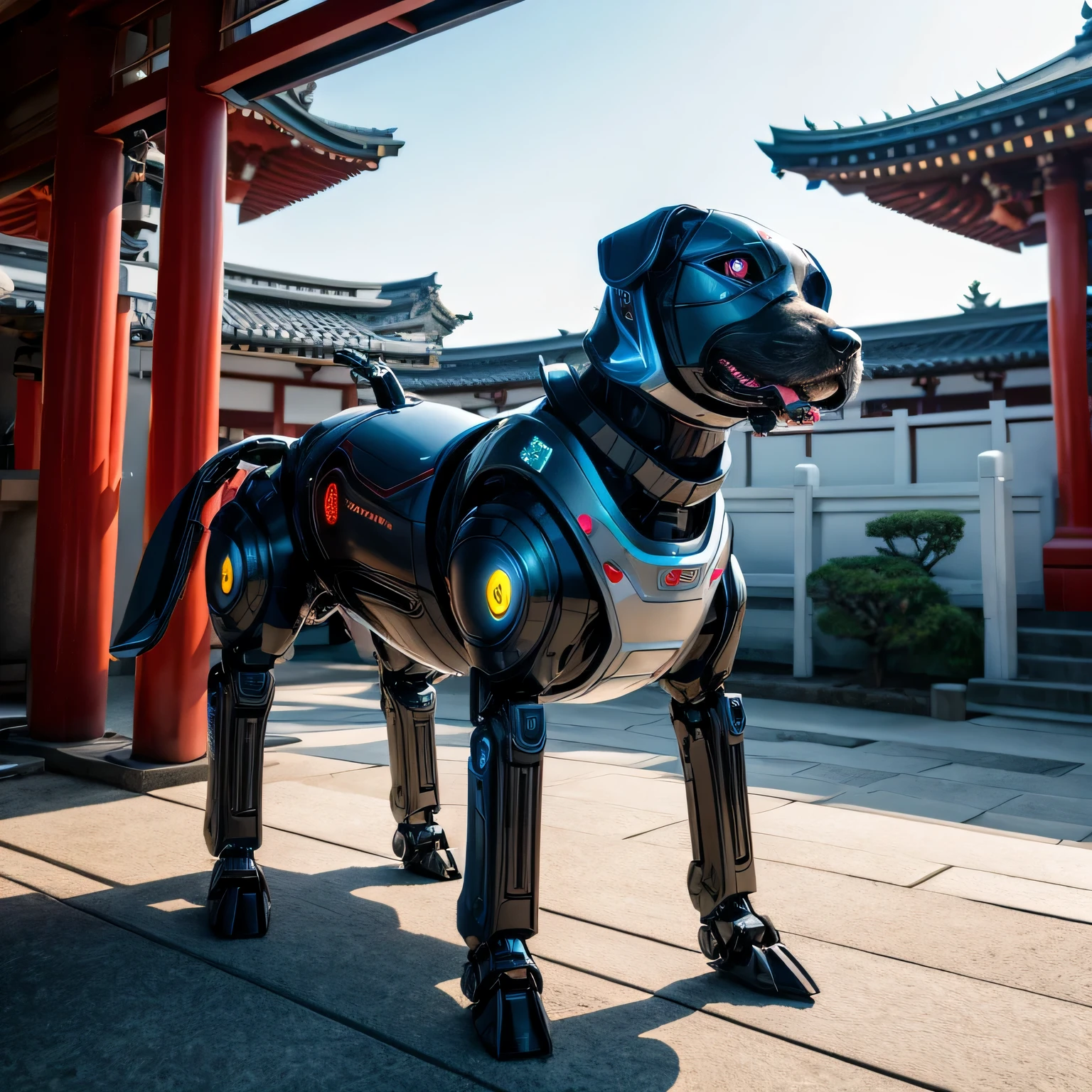 Futuristic robot dog appears at Japanese temple、professional portrait photography、The whole body of the robot、Careful design and detail、surface details、Dramatic lighting、Realistic、Super realistic、Cinematic、8k