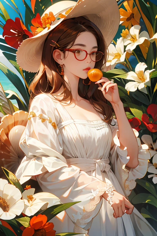 absurderes, hight resolution, ultra-detailliert, 1girl in, solo, extremely detailed eye, white wedding dress, seashells, shells, florals, , hair adornments, jewely, looking at the viewers, Lunette de soleil, hat flower, hair clips, earrings, Red flowers, tinted eyewear, Yellow flowers, bangss, english text, O cabelo multicolorido, orange flower, A dark-haired, the ring, cups, length hair, Orange Eyewear, foods, brown haired, portraitures, Shell Hair Ornament、