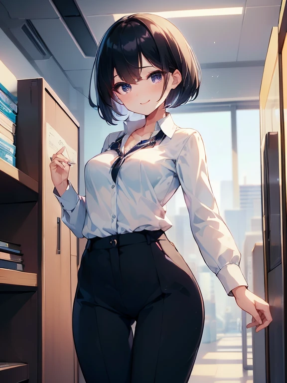 ((highest quality)), ((masterpiece)), ((High resolution)), ((Perfect Face)),office,Adult female,career woman,((Very small breasts)),((Small breasts)),business_blouse,Open collar,Chest turbulence,skinny pants,Short Bob,Black Hair,A confident smile,whole body,