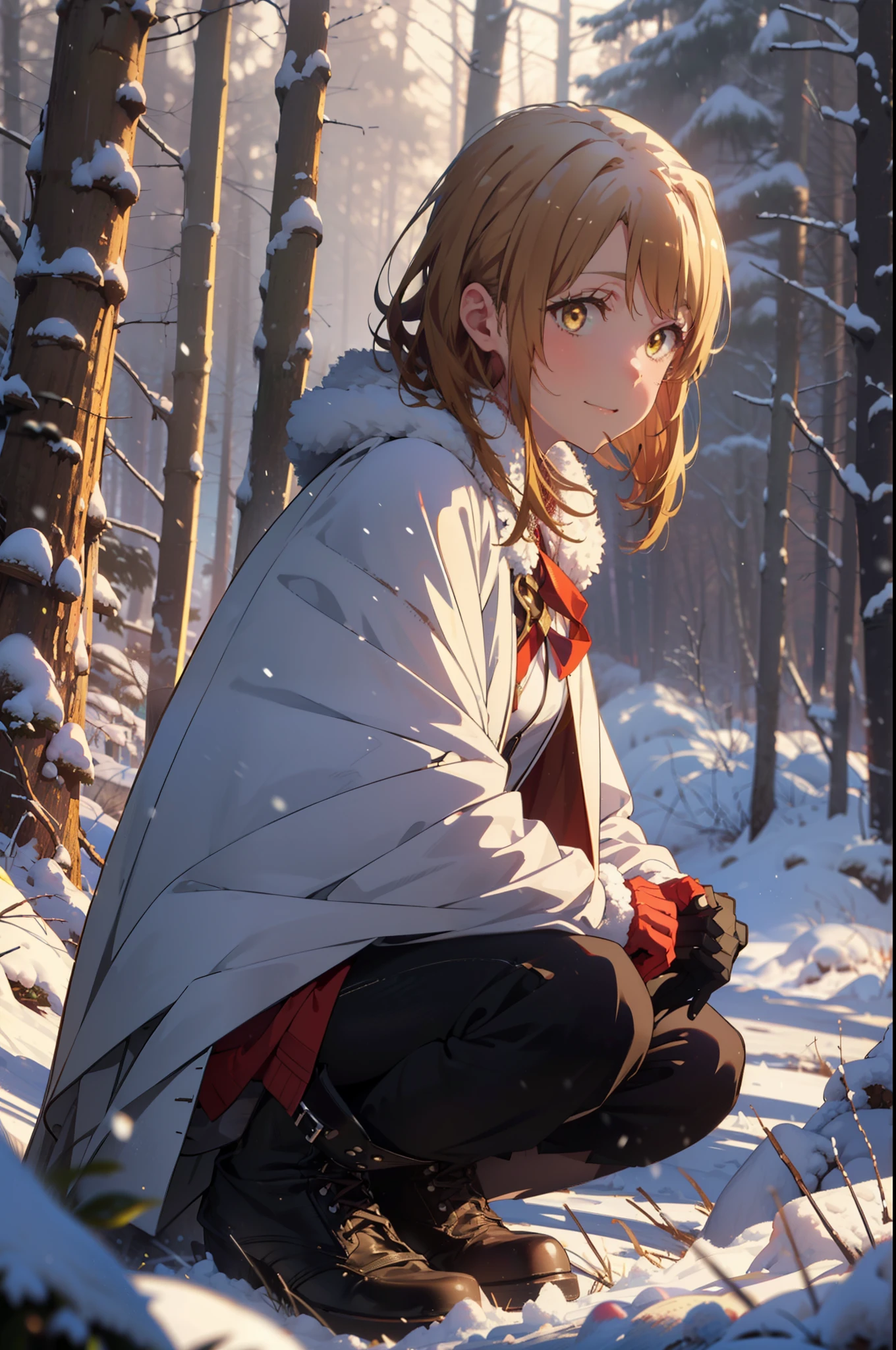 irohaisshiki, iroha isshiki, short hair, brown hair, (Brown eyes:1.5), smile,
Open your mouth,snow, fire, Outdoor, boots, snowing, From the side, wood, suitcase, Cape, Blurred, Food up, forest, gloves, nature, Brown eyes, red gloves, Squat, Mouth closed, フードed Cape, winter, Written boundary depth, Black shoes, red Cape break looking at viewer, Upper Body, whole body, break Outdoor, forest, nature, break (masterpiece:1.2), highest quality, High resolution, unity 8k wallpaper, (shape:0.8), (Fine and beautiful eyes:1.6), Highly detailed face, Perfect lighting, Highly detailed CG, (Perfect hands, Perfect Anatomy),