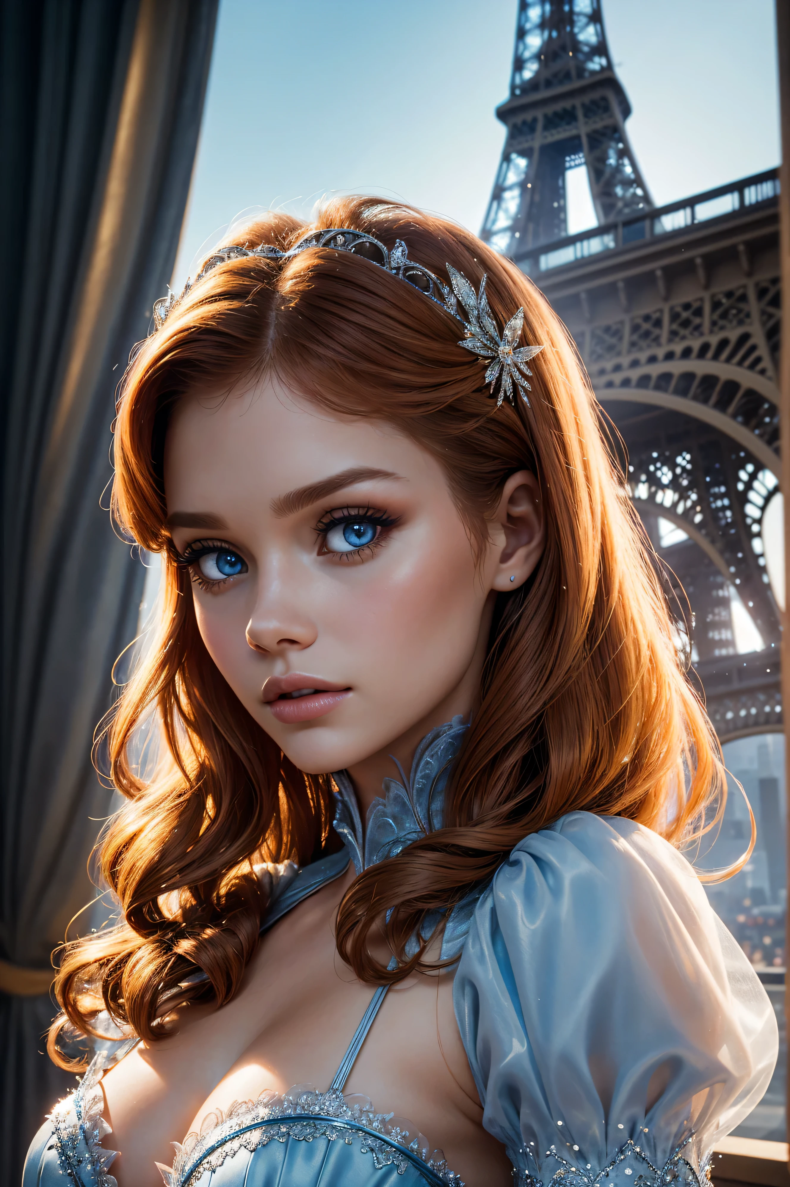 Holland Roden, wearing Cinderella costume transparent. professionally retouched, soft lighting, realistic, smooth face, perfect eyes, sharp focus on eyes, 8 k, high definition, insanely detailed, intricate, elegant. be in front of the Eiffel Tower.