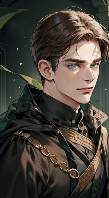 masterpiece, best quality, realistic, 1man, mature male, quiet and charming young man, 25years old, a smirk, closed mouth, portrait, extremely detailed face, a little distant, ((green eyes)), ((short-right-swept dark brown hair)), [thick eyebrows], dark palace, ((long black cape)), (evil), ((all black)), handsome male